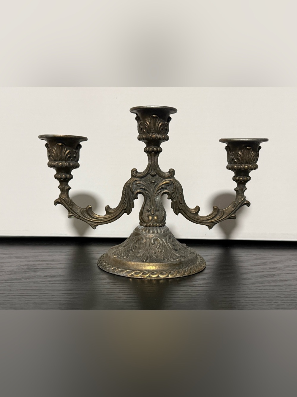 Vintage Ornate Metal Three-Arm Candelabra with Filagree & Round Base